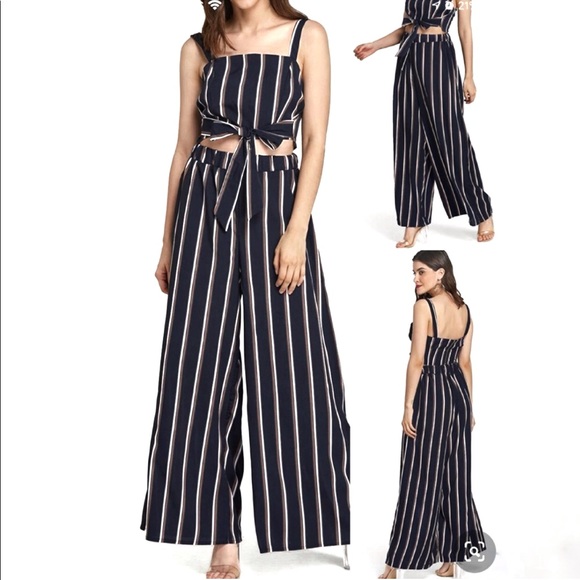 NAVY STRIPE WIDE LEG PULL-ON PANT WITH TIE - Picture 2 of 6